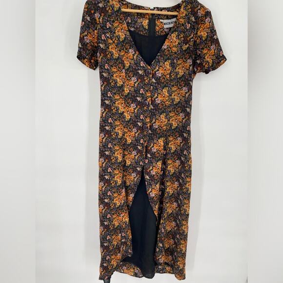 Vintage 90’s Maxi Dress Floral Y2K Whimsigoth Orange & Black size 7 - Picture 1 of 6